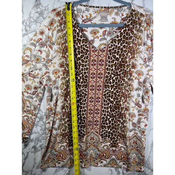 Chicos Leopard & Floral Print 3/4 Sleeve Top Size 2 Polyester Spandex Blend Boho - Picture 5 of 8